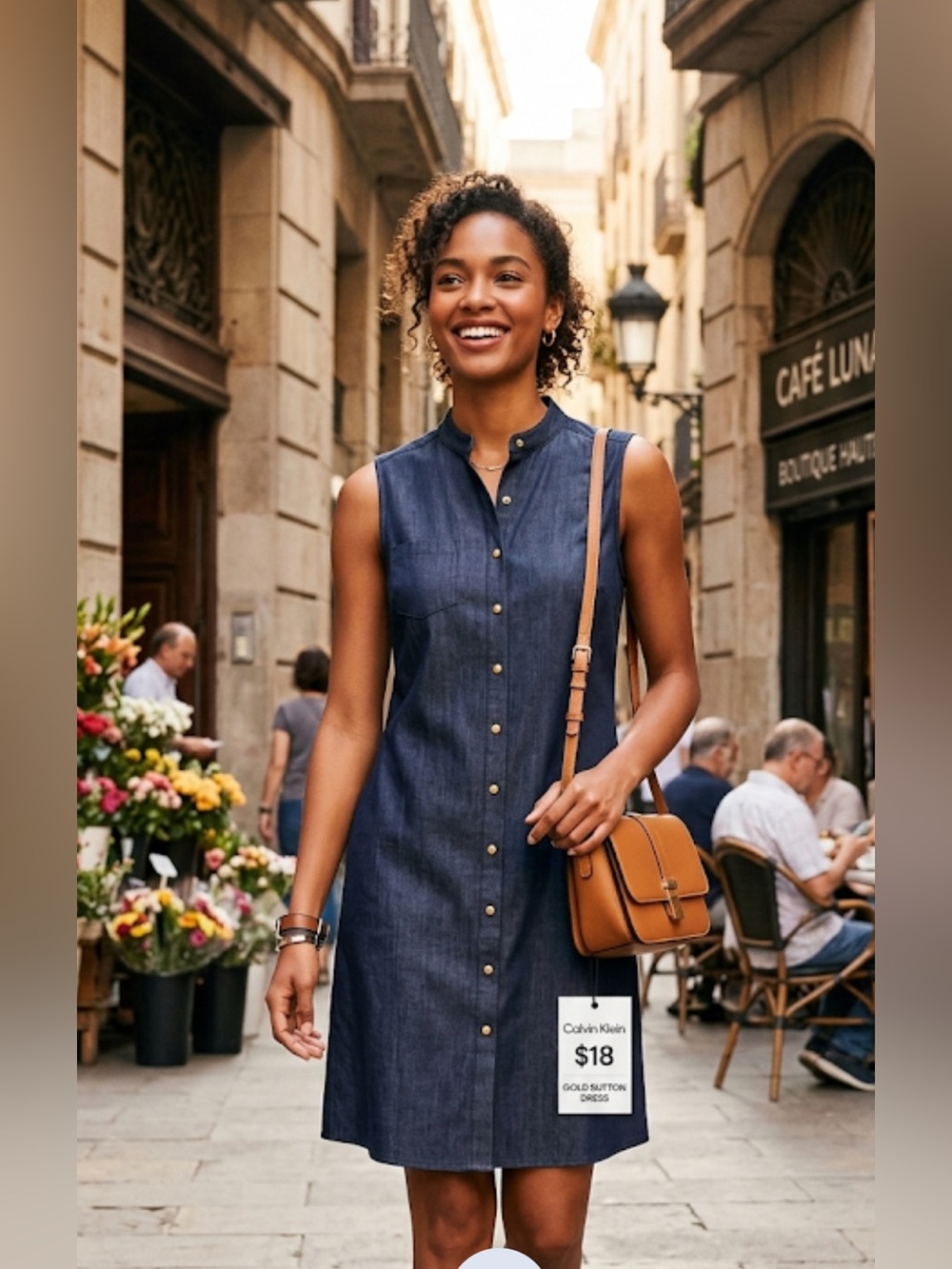 Calvin Klein Sleeveless Navy Blue Dress w/Gold button Accents
